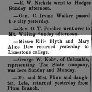 Mary Alice and friend Ellie Blyth return to Limestone College 23 Sep 1902_